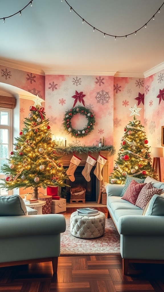 Watercolor Christmas Wallpaper Aesthetic A living room with watercolor Christmas wallpaper, decorated for the holidays with a Christmas tree and stockings.